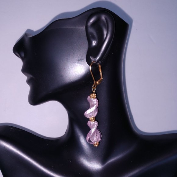 Hand Crafted Jewelry - Handmade Pink Glass Dangle Earrings With Gold Tone Brass Lever Hooks 2.5 inches